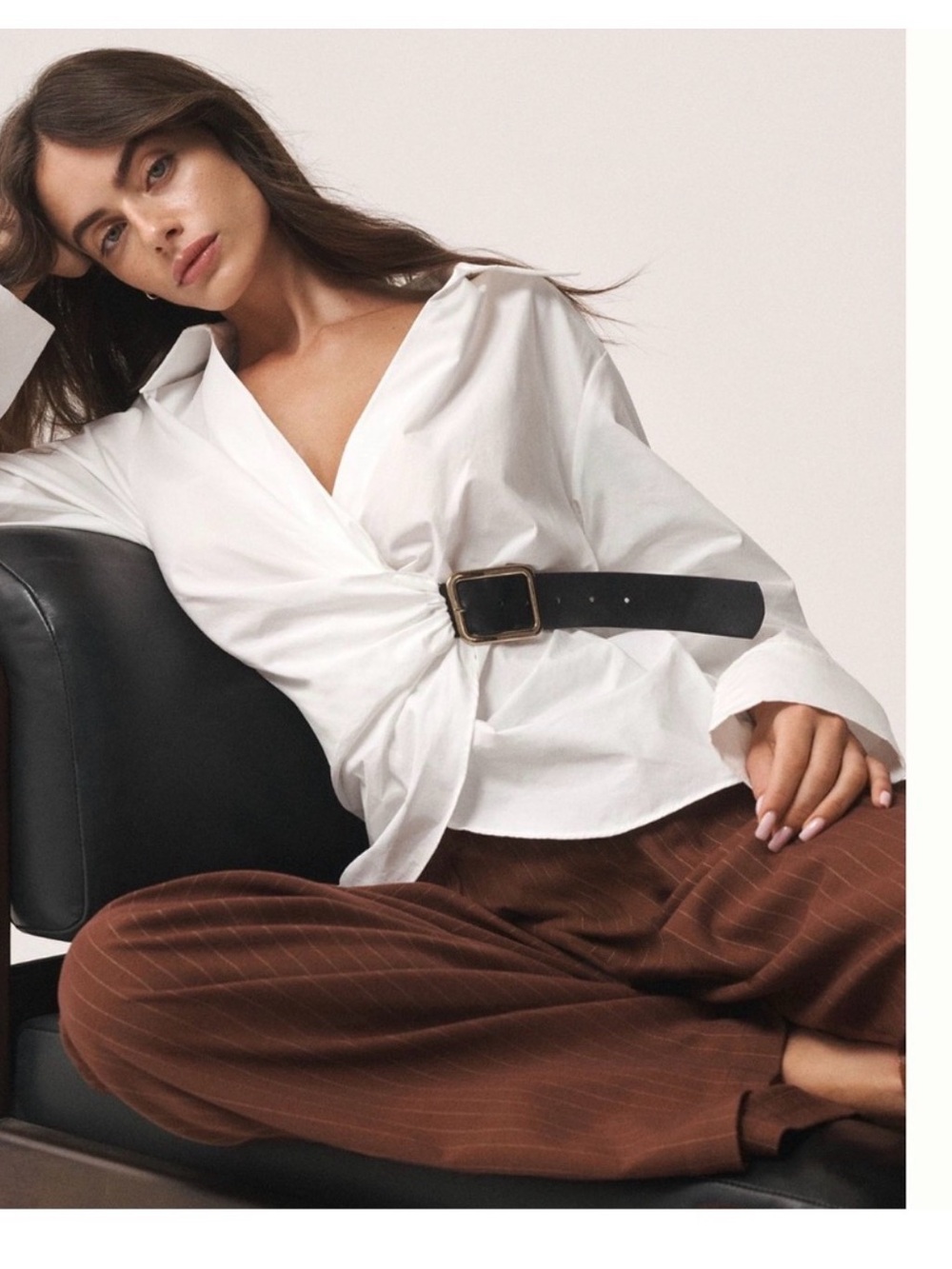 Anthropologie Black Leather Waist Belt with Gold Buckle White Shirt